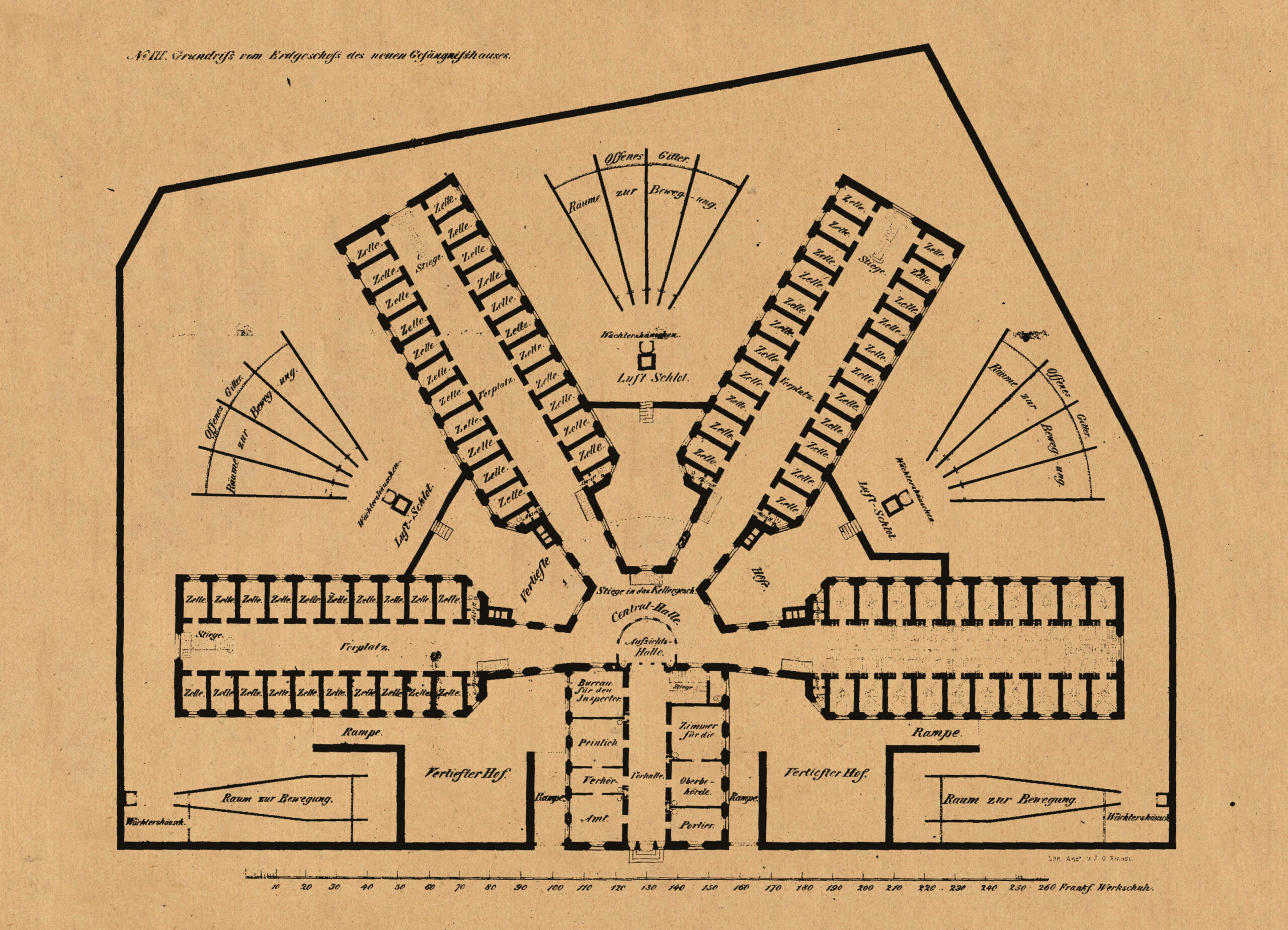 Pläne des geplanten neuen Gefängnishauses auf den Areal des Klapper­felds, 1840
