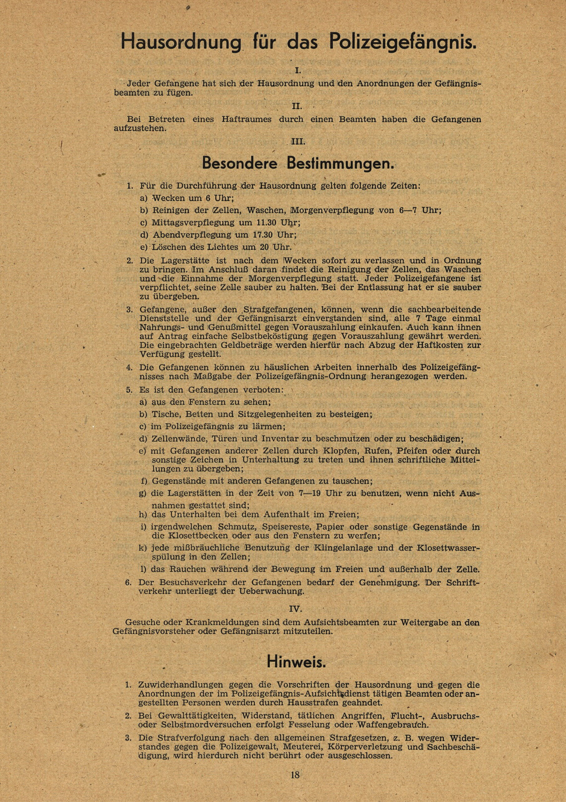 Hausordnung des Polizeigefängnis Klapperfeld, nach 1945
