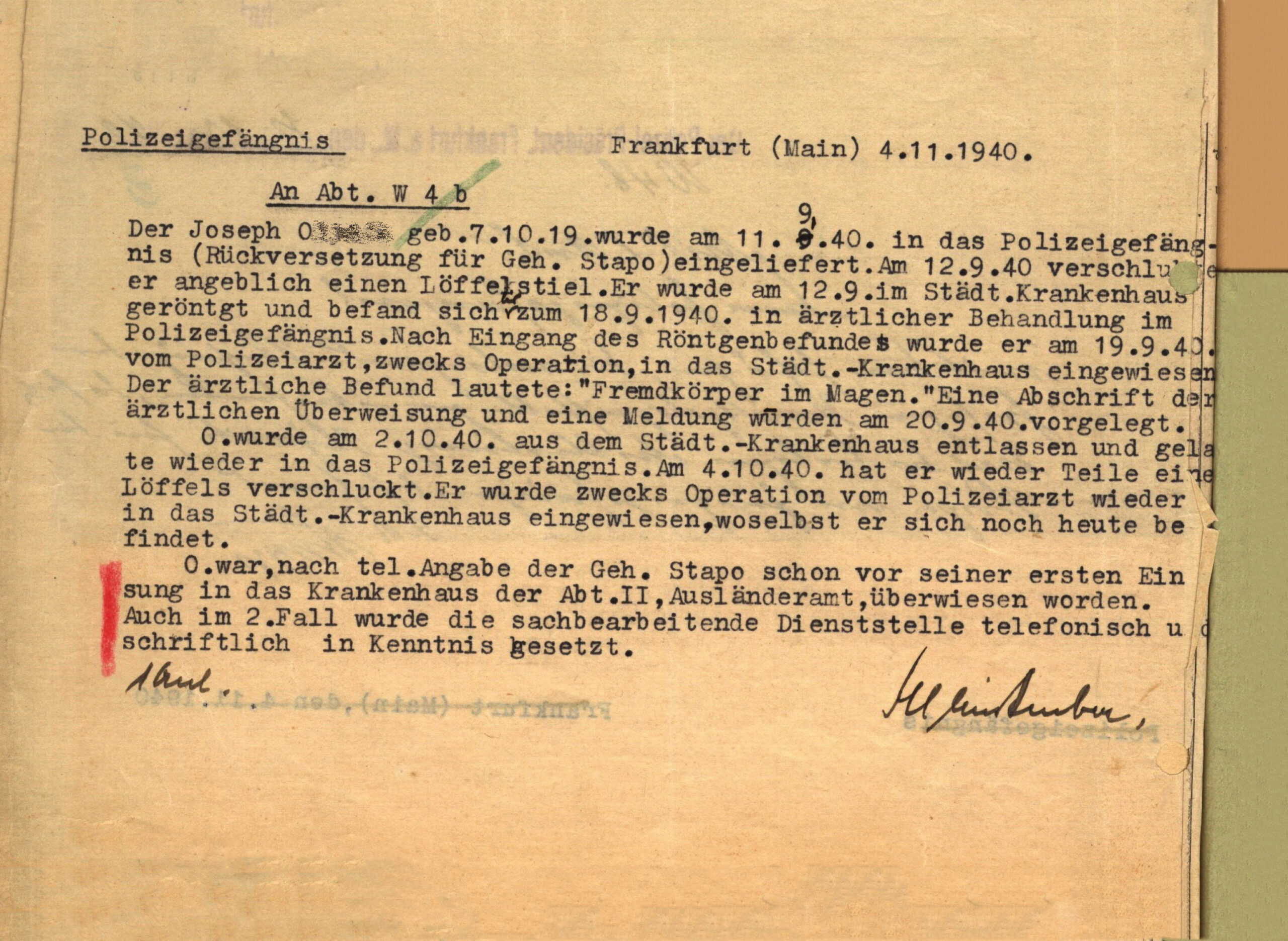 Schreiben zum polnischen Gefangenen Joseph O. vom 4.11.1940, der am 12.9.1940 einen Löffelstiel geschluckt haben soll