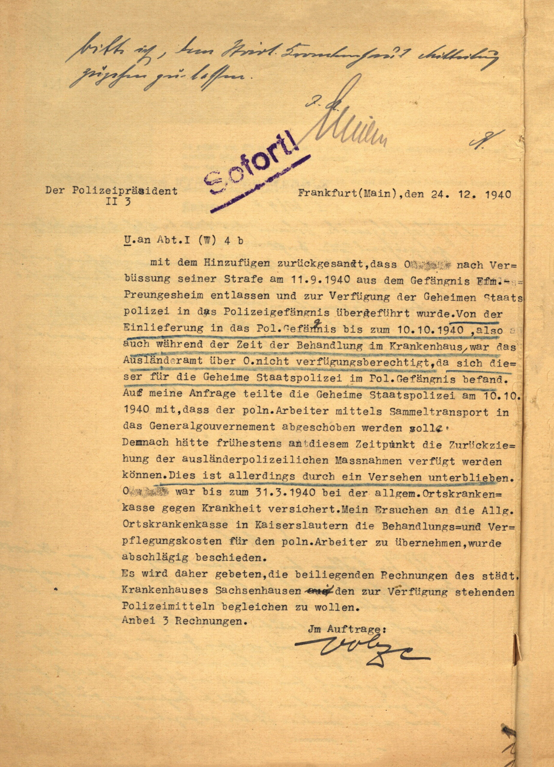 Doukment to the Polish prisoner Joseph O. of 24.12.1940