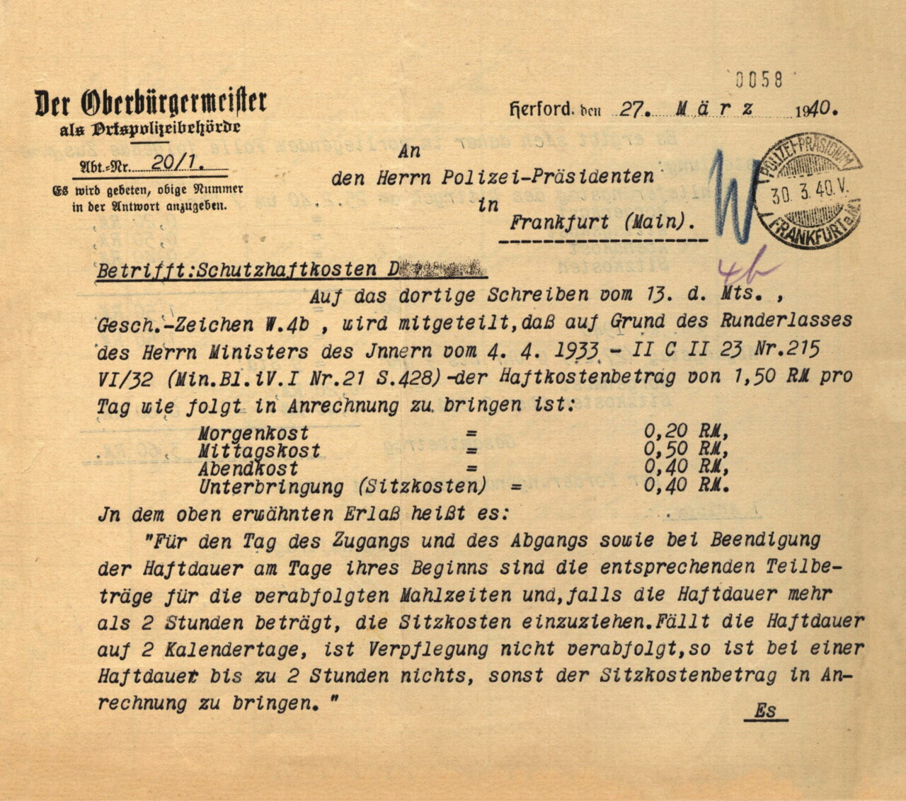 Letter on the calculation of protective custody costs, page 1