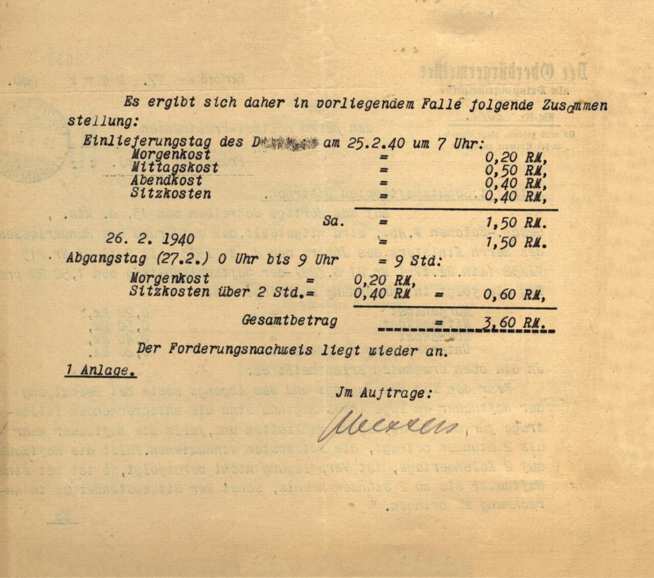 Letter on the calculation of protective custody costs, page 2