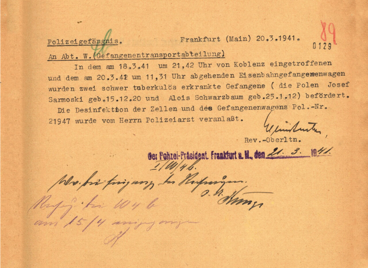 Schreiben vom 20. März 1941 zur Tuberkulose-Erkrankung zweier Transportgefangener die im Klapperfeld inhaftiert waren